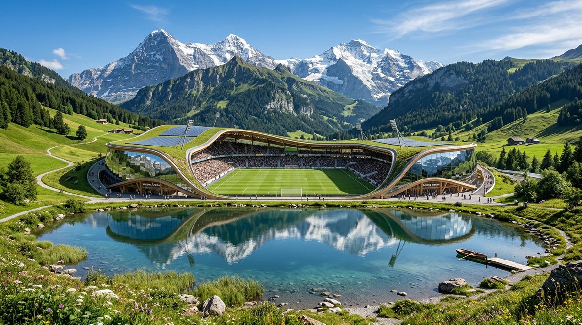 StadiumVision's tweet image. Alpine Arena ⚽️ 

Made by @Google Banana2

#StadiumVision #Architecture #EcoDesign