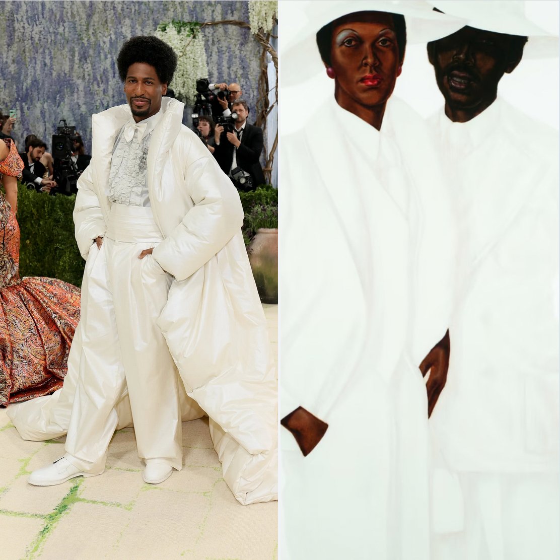 FashioningSelf's tweet photo. The Met Gala theme this year “Fashion is Art” comes into focus here. Musician @JonBatiste wears a custom look by designer Eli Russell Linnetz that draws directly from the visual language of artist Barkley L. Hendricks. Hendricks painted himself and other black figures in  all-white ensembles, capturing their immaculate suiting, millinery, and fur coats. Batiste’s look translates that sensibility onto the red carpet, echoing the painter’s attention to self-fashioning and black dandyism.