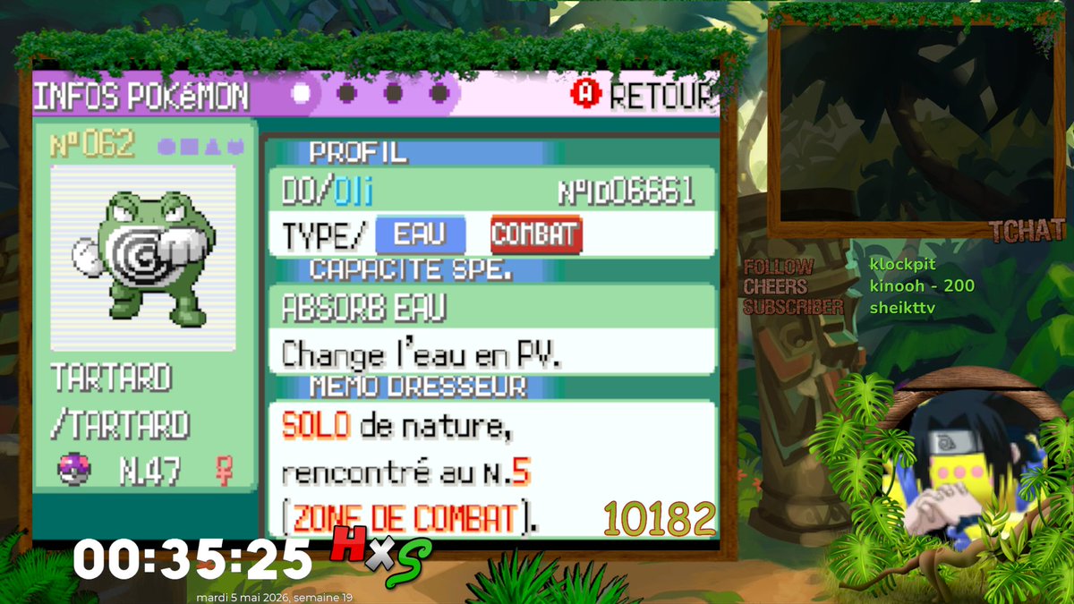 Bon la pause sur la shasse pokemon XD aura pas durée longtemps, reprise de la pyramide de combat, 82rencontres ce soir, 10182 rencontres au total, voici Tartard shiny, très content meme si c'est pas ma cible il fait plaisir (trouvé devant docteur sleep avec ma chérie)