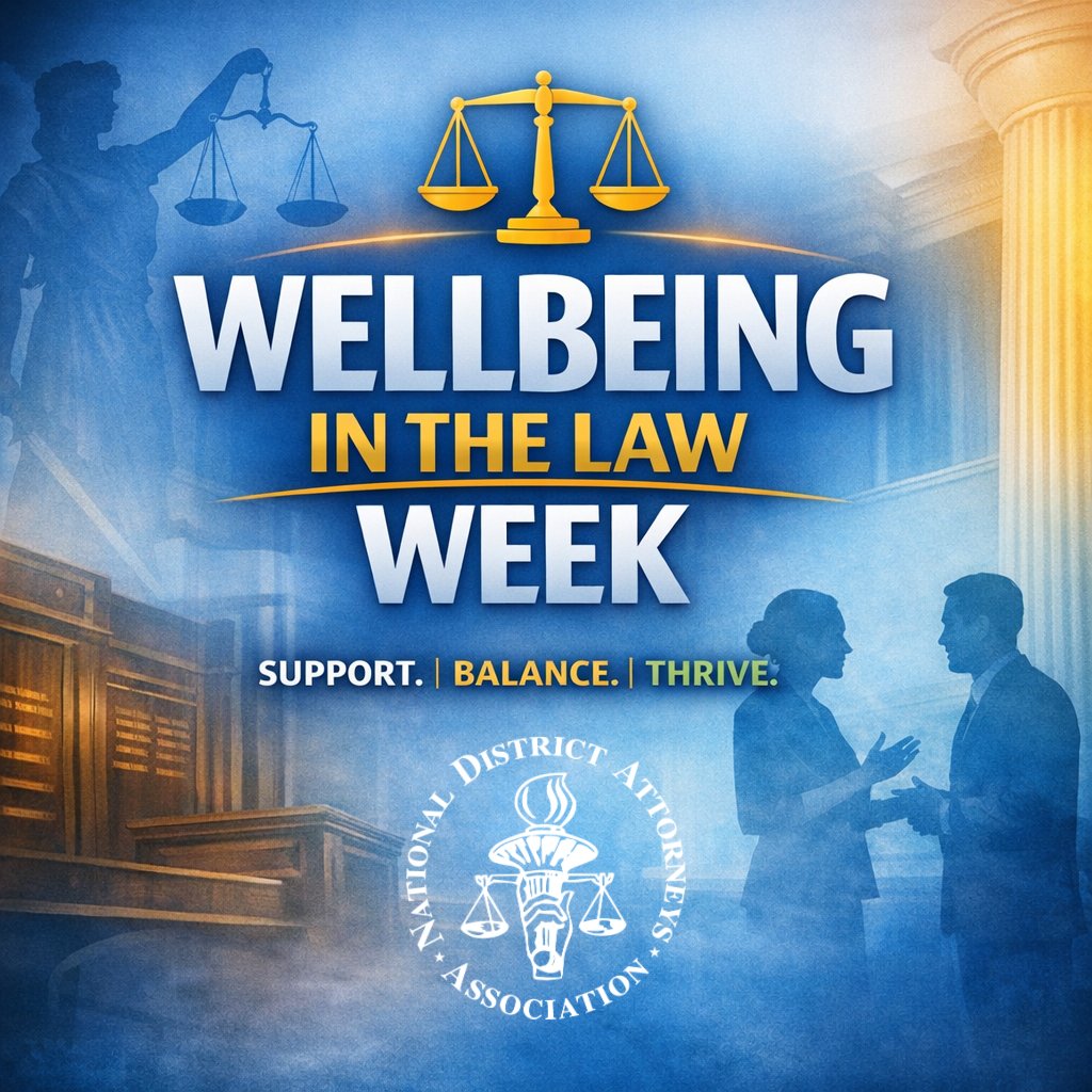ndaajustice's tweet image. At NDAA, we remain committed to elevating the conversation around prosecutor wellbeing and ensuring local prosecutors have the tools, support, and community they need to thrive—both in the courtroom and beyond.