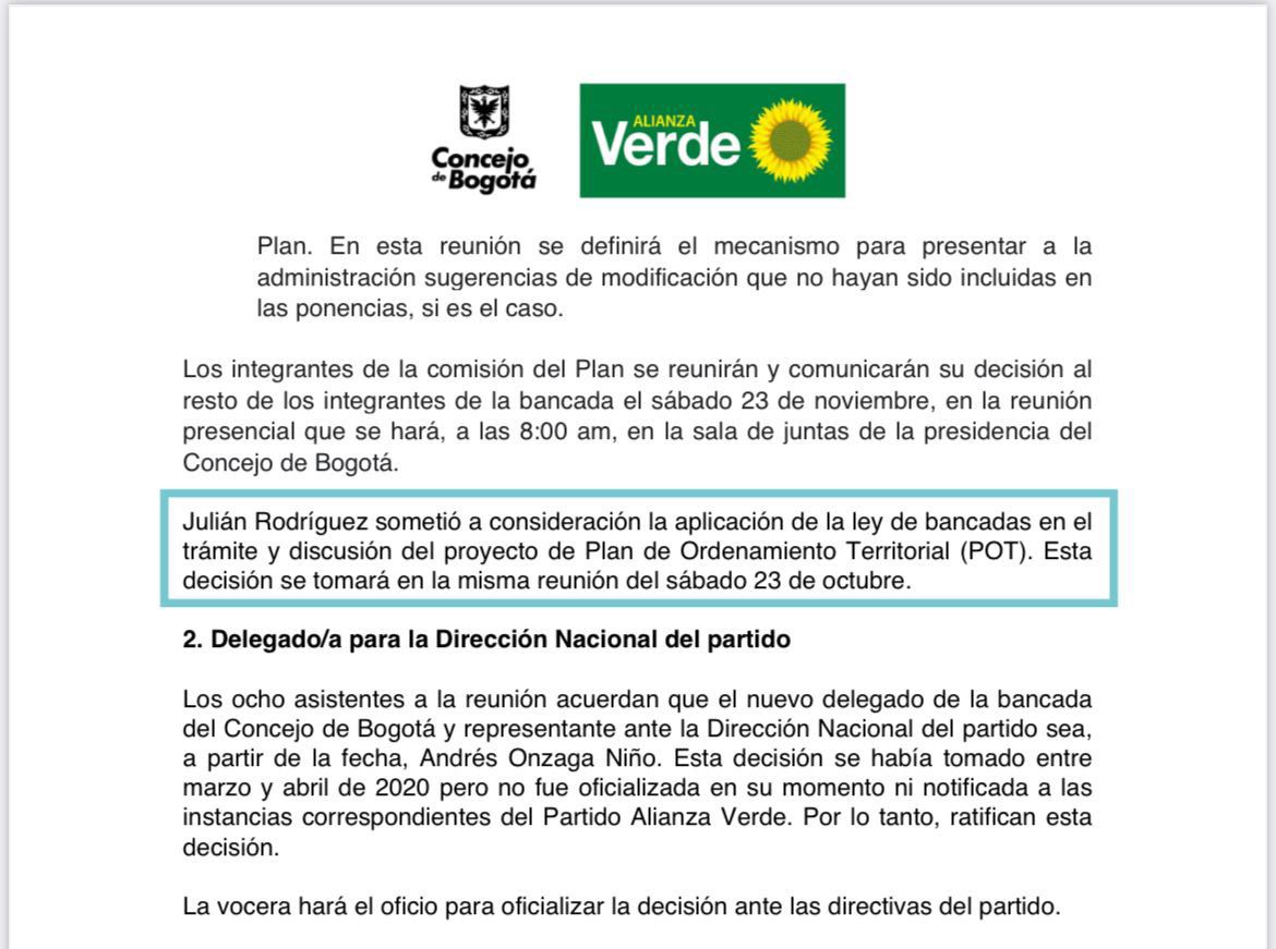 Fue en una reunión de la anterior bancada Verde del Concejo cuando él propuso que se aplicara la ley de bancadas para que todos tuvieran que votar a favor el POT que él defendía. Eso fue lo que terminó sucediendo y él estuvo dichoso, claro.