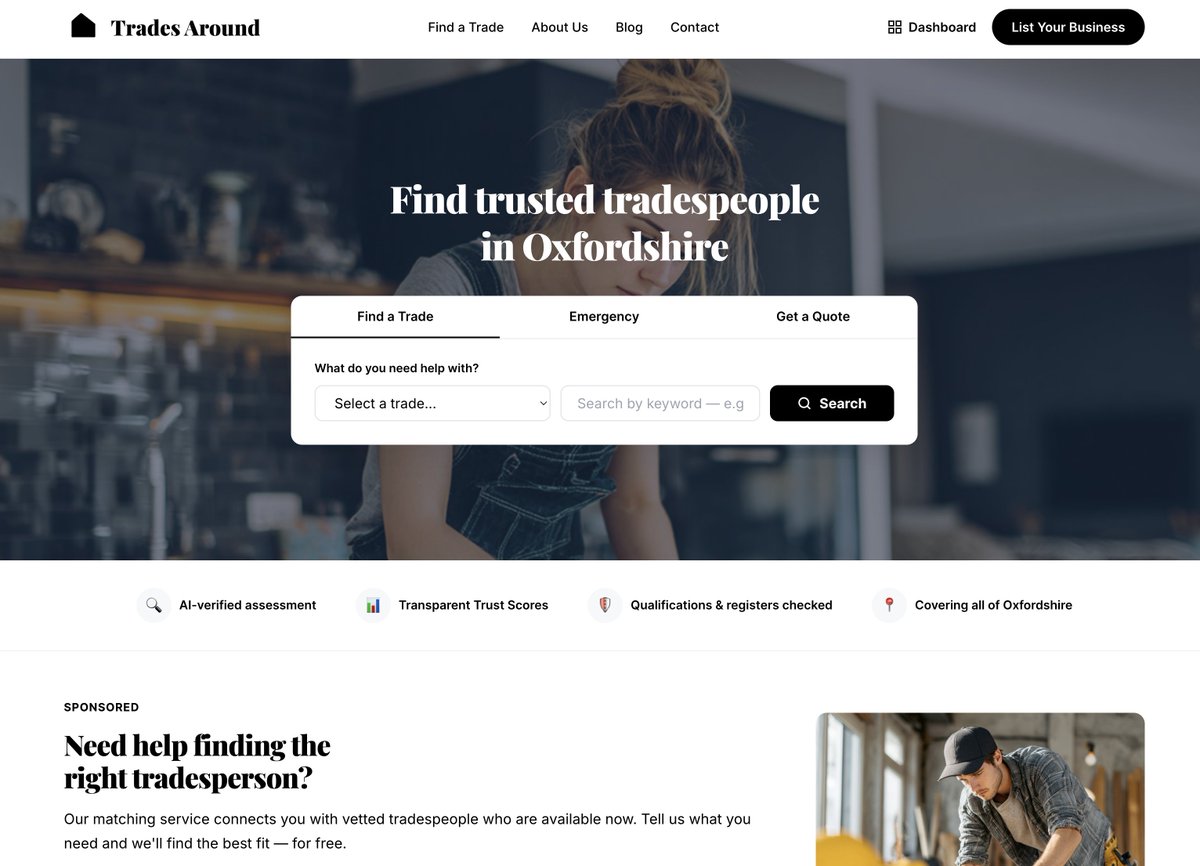 TradesAround's tweet photo. https://t.co/2Kqscxuos6 is live: a directory of AI-vetted Oxfordshire tradespeople — plumbers, electricians, builders, gas engineers and more. https://t.co/5UVtZXaDh0