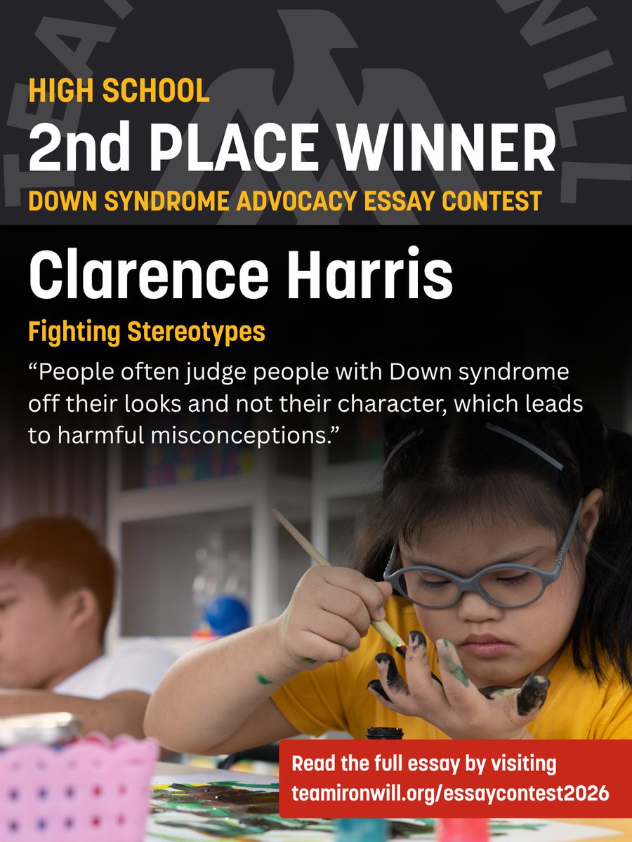 TeamIronWillHQ's tweet photo. 2/3: High School winners of Team Iron Will’s 2026 Down Syndrome Advocacy Essay Contest!
#teamironwill #downsyndrome #downsyndromeadvocacy #essaycontest #wordshavepower https://t.co/EdZybUjCp3