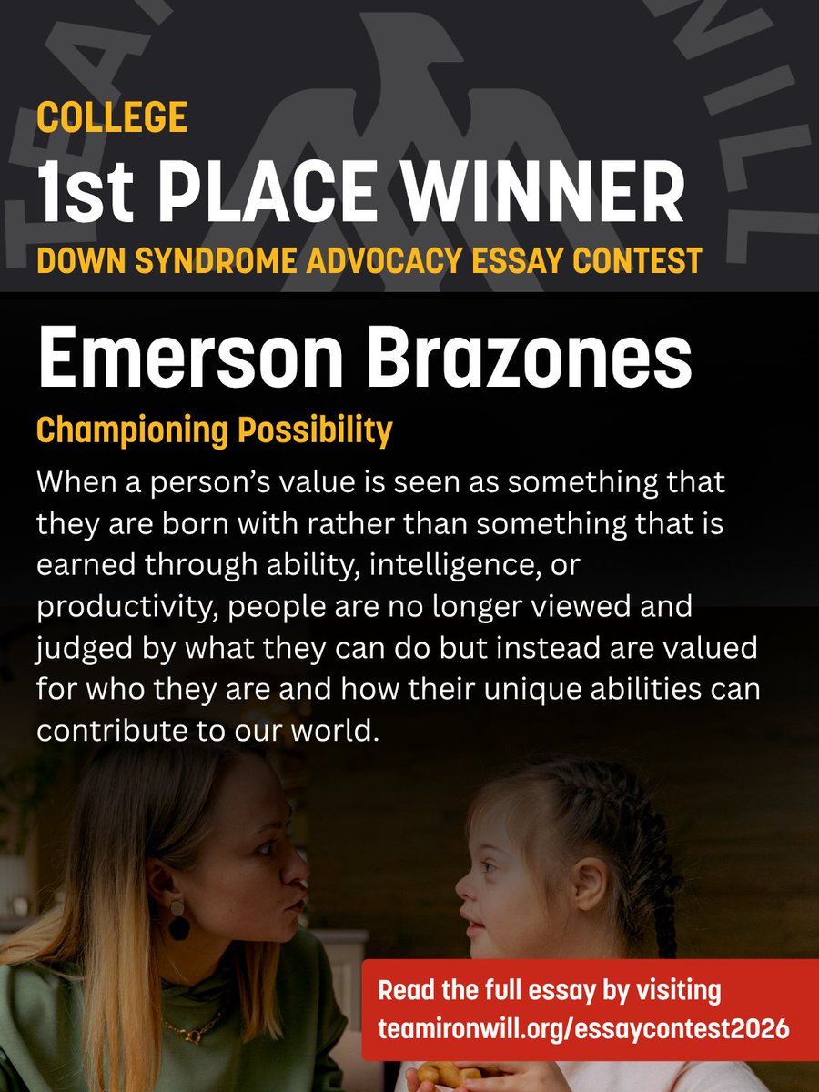 TeamIronWillHQ's tweet photo. 3/3: College winners of Team Iron Will’s 2026 Down Syndrome Advocacy Essay Contest!
#teamironwill #downsyndrome #downsyndromeadvocacy #essaycontest #wordshavepower https://t.co/3bevNNLuJs