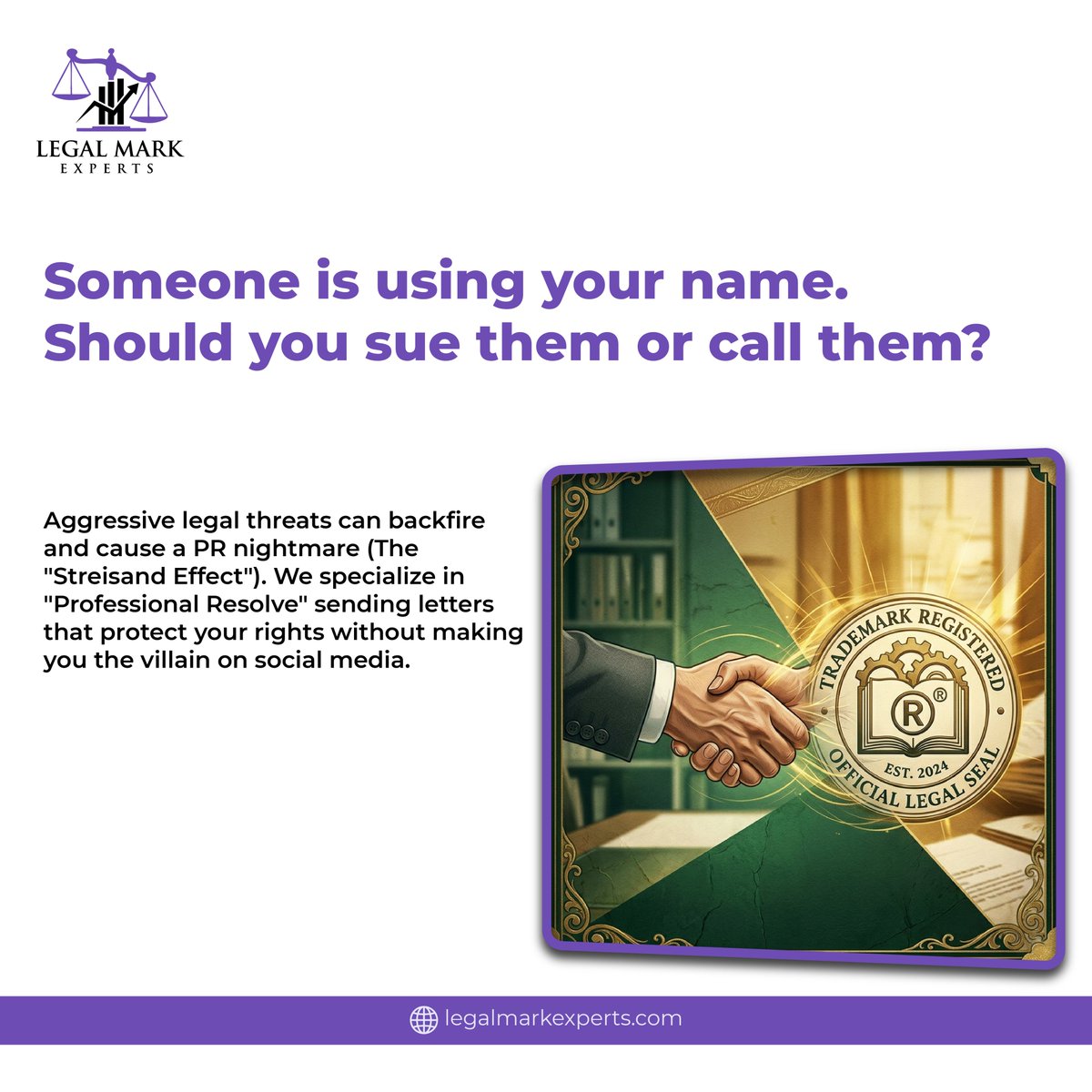 legalmarkexpert's tweet image. Is someone using your name? Federal trademark registration gives you the power to defend your identity, but how you defend it matters. We specialize in protecting your rights while maintaining a positive public image for your business.

#LegalMarkExperts #Trademarks #Latest
