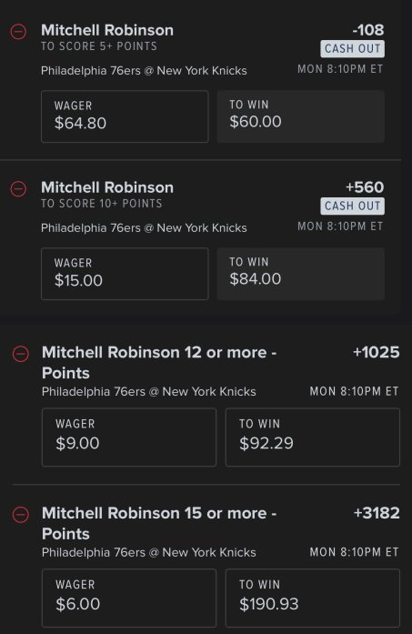 RunaansLocks's tweet photo. This is a DREAM Matchup for him...

Mitchell Robinson 5+ Points (-108)
Mitchell Robinson 10+ Points (+630)
Mitchell Robinson 12+ Points (+1025)
Mitchell Robinson 15+ Points (+3182)
Mitchell Robinson 8/8+ (+808)
Mitchell Robinson DD (+2000)

Wasn't utilized as much in the Hawks series as that is not a matchup Robinson excels in. Much faster paced games and smaller lineups with Okongwu being a stretch center.

However, Robinson will be used ALOT in this series against the 76ers. Much slower-paced team with Embiid as the focal point. Towns is not known for being a good defender and I believe he will struggle heavily against Embiid. It's clear this is the most confident and driven Embiid has been his whole career and will play to his strengths which is drawing fouls. We saw this against the Celtics where all Centers were in foul trouble and not able to guard Embiid at all. Queta in the 4 games against Embiid had 4 (17mins of play), 5 (26 mins of play), 3 (20 mins of play), and 5 (33 mins of play) fouls. Garza had 3 fouls in 9 mins and even Brown who guarded him for a couple possessions had 2 in the final game.

Mitchell Robinson is the perfect paint defender for Embiid who can match him way better than KAT. Should see a much higher minutes count from him. In the regular season, he saw 26, 19, 27 and 15 minutes of action against the 76ers with KAT playing in all 4 games.

Embiid isn't a paint beast so Robinson can easily feast here.