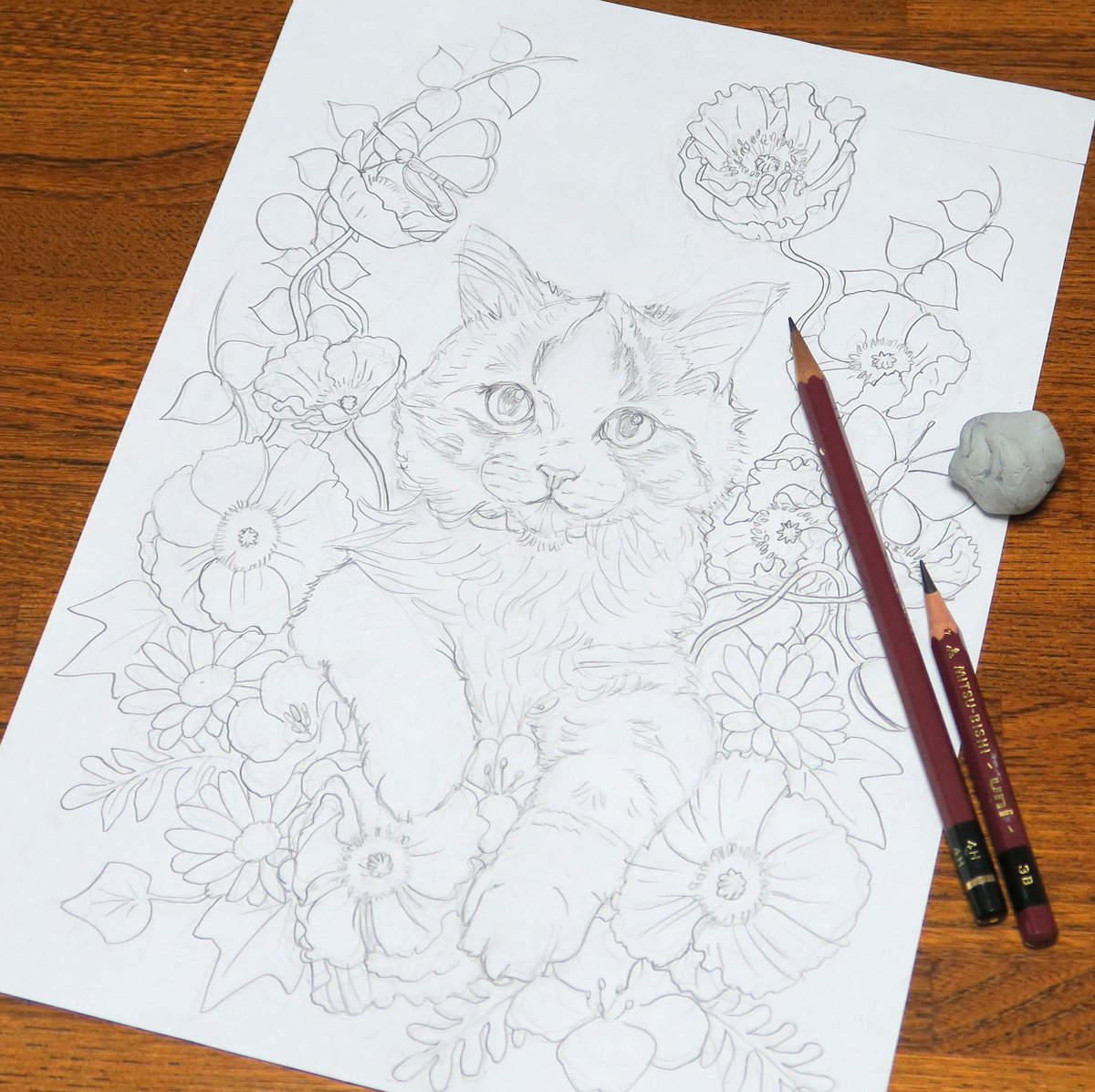 当選者様のわかばちゃんの #チョークアート の下絵ができました😺
A4で描いたのをA3に拡大コピーして、白のグラフィックペーパーでブラックボードに転写していきます😊
#猫 #猫好きさんと繋がりたい #猫イラスト