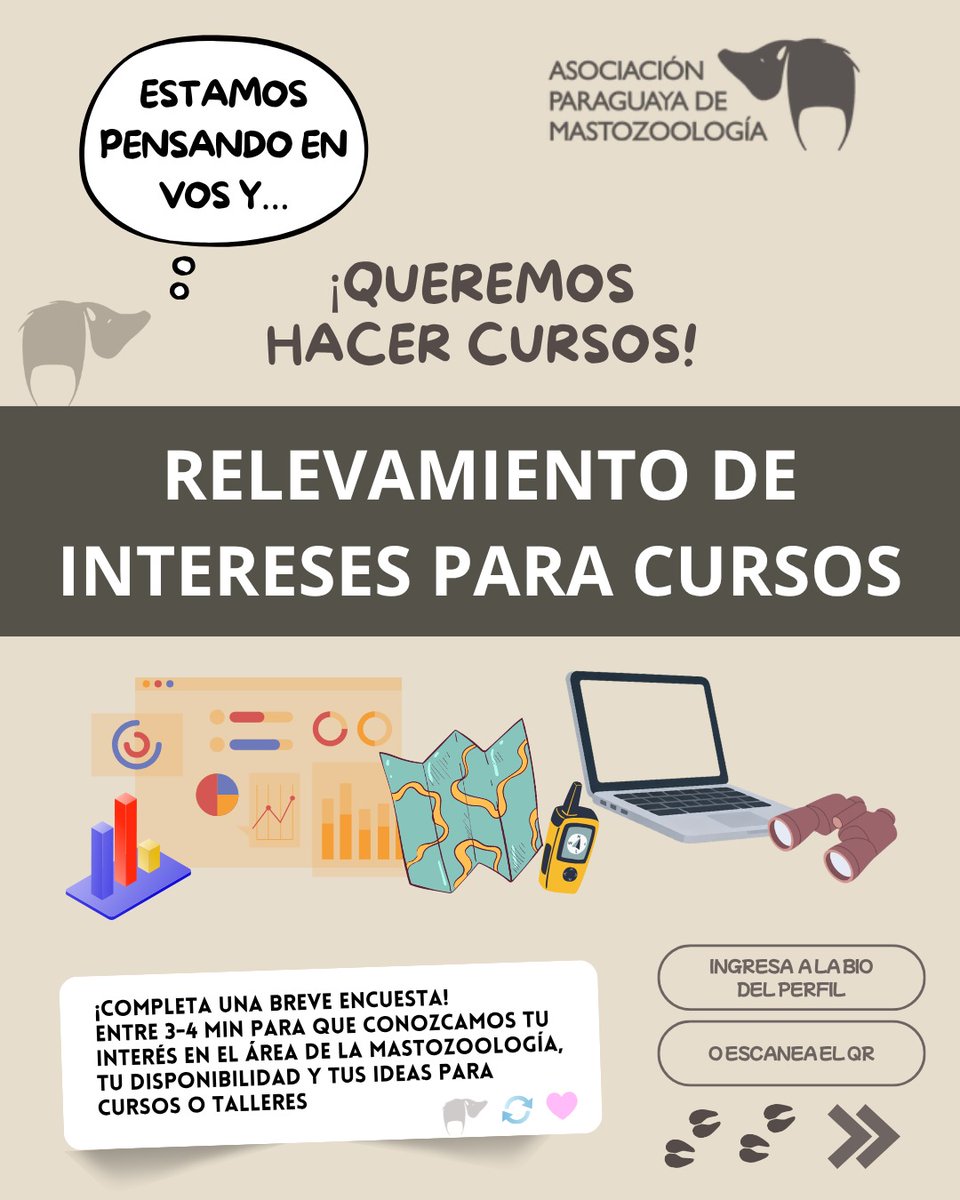 asopyamasto's tweet photo. 📣 ¡Queremos hacer cursos! 🐾📚 Ayúdanos a definir los temas y horarios. Completá pues esta breve encuesta (3-4 min) y contanos qué te interesa aprender 🙂‍↕️
👉 Link en la bio o escanea el QR.
🔗 https://t.co/FJzPqpSVIF
¡Tu opinión cuenta! 💬 #Mastozoología #apm https://t.co/oKZsBf5Ihb