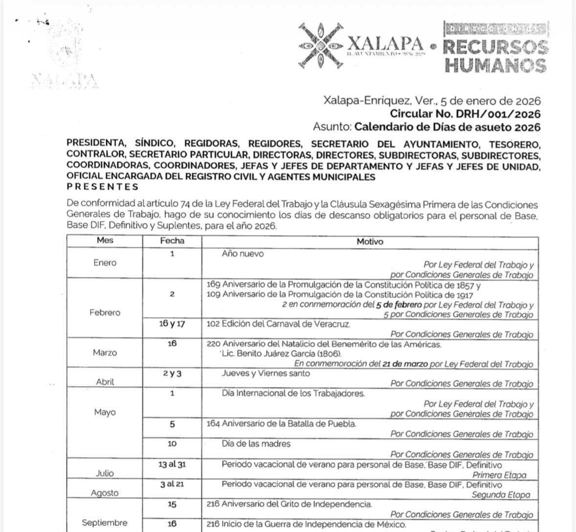 cguerreromtz's tweet photo. 🔥🔥🔥Extra, extra: Presidenta Municipal de Xalapa Daniela Griego Ceballos impone su propio calendario y obliga a trabajadores a laborar sábados, domingos y días de descanso en eventos y “tequios”.
🧨🧨🧨Por instrucciones directas de la Presidenta Municipal, la directora de Recursos Humanos del Ayuntamiento de Xalapa, Mtra. Dea Hernández Castillo, ha enviado circulares y oficios (como la DRH/001/2026 y DRH/056/2026) en los que se ignora deliberadamente el Calendario Oficial de Días Inhábiles 2026 publicado por el Gobierno del Estado de Veracruz.
📌📌📌En estos documentos oficiales, el municipio establece sus propias reglas en materia de días de asueto, periodos vacacionales y descansos, haciendo caso omiso a las disposiciones estatales y federales. El mensaje es claro y contundente: “En Xalapa se hace lo que la Presidenta quiere”, sin importar lo que indique el Estado o la ley.
📣📣📣Pero la arbitrariedad no se limita solo al calendario. Trabajadores municipales denuncian que, además de reducir o modificar días de descanso oficiales, se les obliga a presentarse a laborar sábados, domingos y días libres para cubrir todos los tequios, eventos, actos y actividades de la Presidenta Municipal. Esta práctica convierte los supuestos “días de asueto” en una ficción, ya que el personal debe estar disponible en cualquier momento para apoyar las agendas personales y políticas de la alcaldesa.
🔔🔔🔔Esta doble estrategia, ignorar el calendario estatal y forzar la asistencia en días de descanso, busca proyectar que en el Ayuntamiento de Xalapa “se trabaja más” que en el Gobierno del Estado, a costa de los derechos laborales del personal de base, confianza y honorarios.
💥💥💥Los trabajadores se ven sometidos a jornadas extenuantes, sin respeto a sus periodos de descanso, mientras la Presidenta Municipal y su Directora de Recursos Humanos imponen su voluntad por encima de la ley y de las condiciones generales de trabajo.
🙈🙈🙈Esta actitud autoritaria genera agotamiento físico y emocional en el personal, afecta la calidad del servicio a la ciudadanía y evidencia un claro abuso de autoridad. Exigen a la Presidenta Municipal y a la Mtra. Dea Hernández Castillo respetar el marco legal, el Calendario Oficial del Estado y los derechos laborales de los trabajadores municipales.
✔️✔️✔️Basta de arbitrariedades. Xalapa merece una administración que respete la ley y a sus trabajadores. @AytoXalapa  @rocionahle