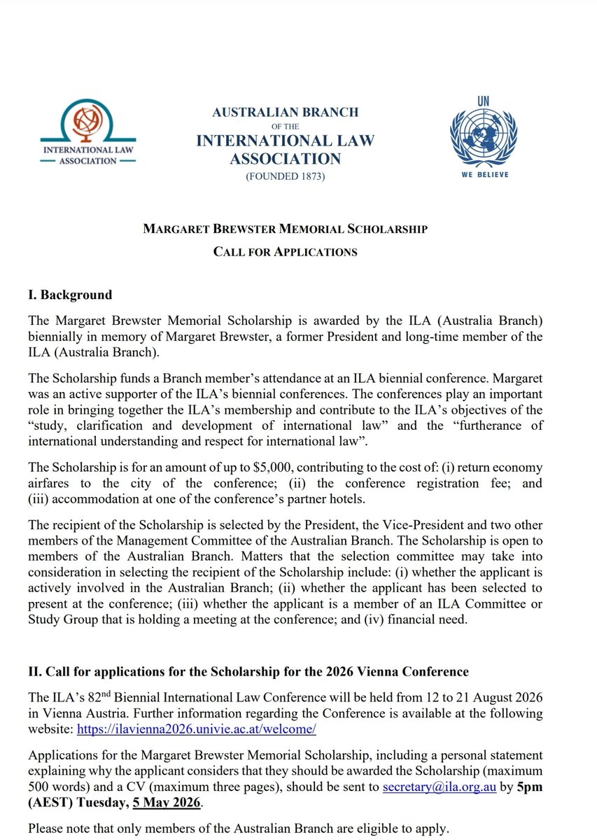 DrCWardSC's tweet photo. Closing, the Australian Branch Margaret Brewster Memorial ILA Scholarship to attend the ILA Biennial Conference in Vienna.
Apply at secretary@ila.org.au https://t.co/11nnQDUUNw