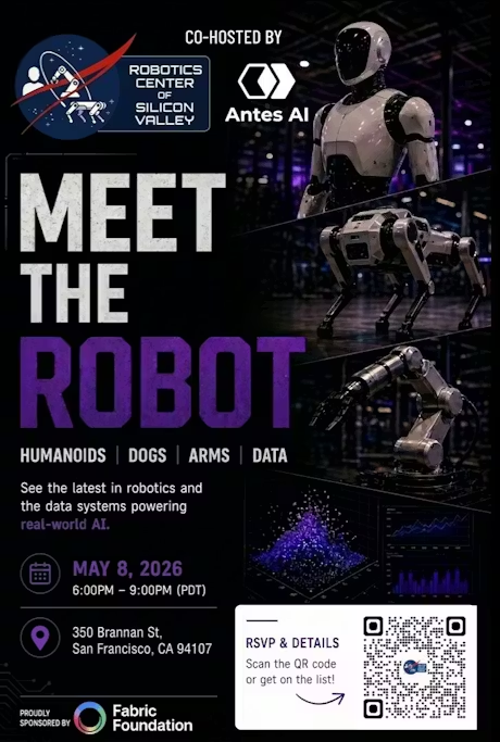 FabricFND's tweet photo. Meet the Robot+Data@Silicon Valley Robotics Center Event, sponsored by Fabric Foundation!

Friday, May 8 @ 6:00pm – 9:00pm in San Francisco

Register: https://t.co/u2r3UlMsgZ

Our team will be there to meet with attendees and chat all things robotics and physical AI! https://t.co/yj2QWXMEeE