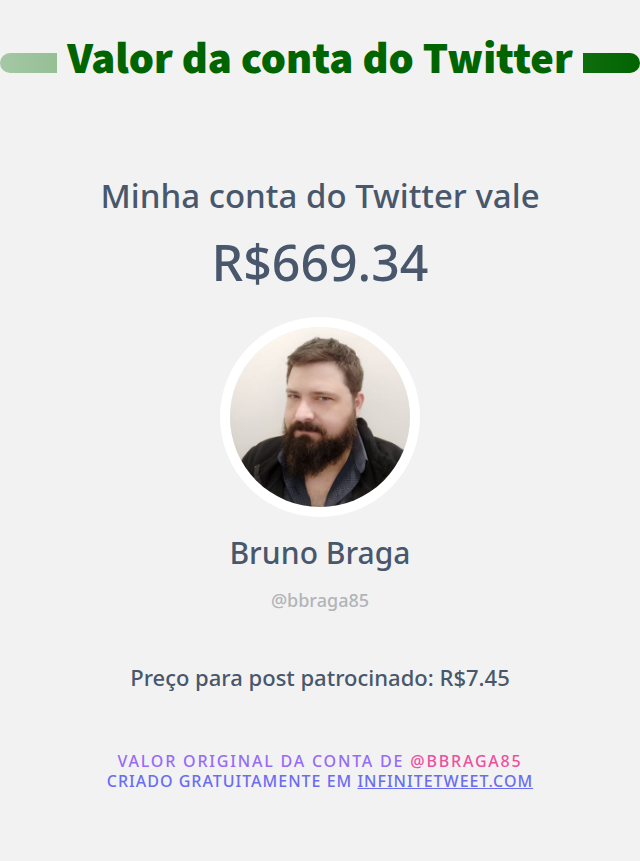 bbraga85's tweet photo. Meu valor no Twitter é: R$669.34

➡️ https://t.co/mKrFrStvrX https://t.co/JRXt7E5Qdr