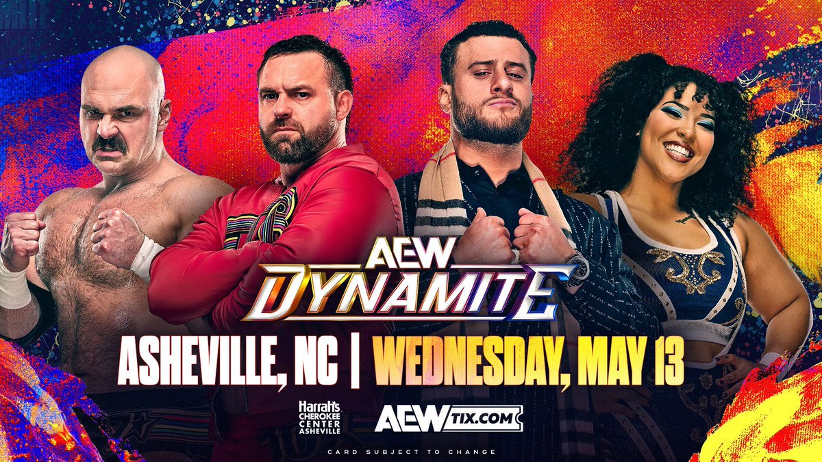 AEWLive's tweet image. ASHEVILLE! #AEWDynamite is taking over @harrahsctravl on Wednesday, May 13th for a HUGE night of action!

Tickets are on sale NOW!

🎟️ ticketmaster.com/event/2D00646C…