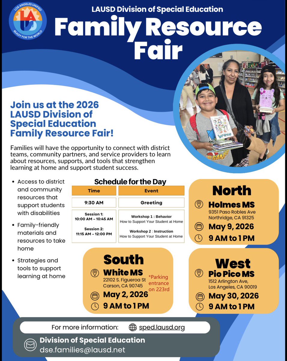 LausdSPED's tweet photo. We look forward to seeing you this Saturday at the Region North Family Resource Fair! @LAUSDfamilies @LASchools @LASchoolsNorth @RegionNorthSPED https://t.co/fpgIHbxHsS