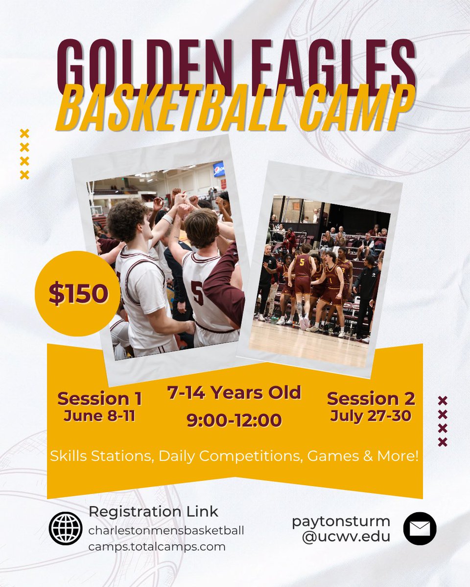 UCWV_MBB's tweet image. Golden Eagles Basketball Camp is back for two sessions this Summer!

Registration is now open for 4 days of fundamentals training, camp games and more basketball fun! 

Sign up now⬇️

…tonmensbasketballcamps.totalcamps.com/About%20Us

#CARES🟡🦅 
#BTTY
