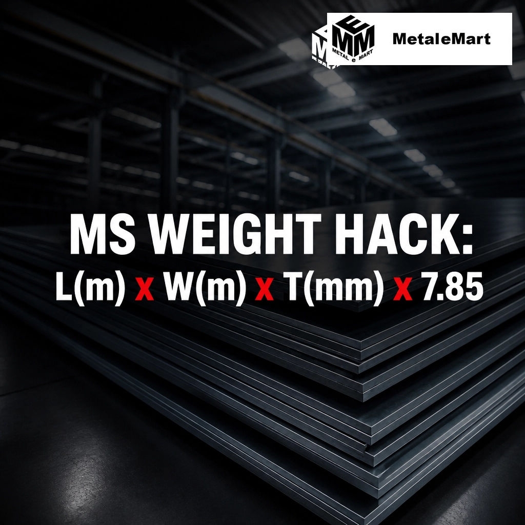 MetaleMart's tweet image. Stop guessing MS weights! 🏗️ Use the nerd-approved 7.85 hack:
L(m) x W(m) x T(mm) x 7.85 = Weight(kg).

Fast, precise, and free for all users.
Order &amp;amp; Pay today: metalemart.in

#SteelIndustryIndia #Manufacturing #MildSteel #B2B #MetaleMart #Steel