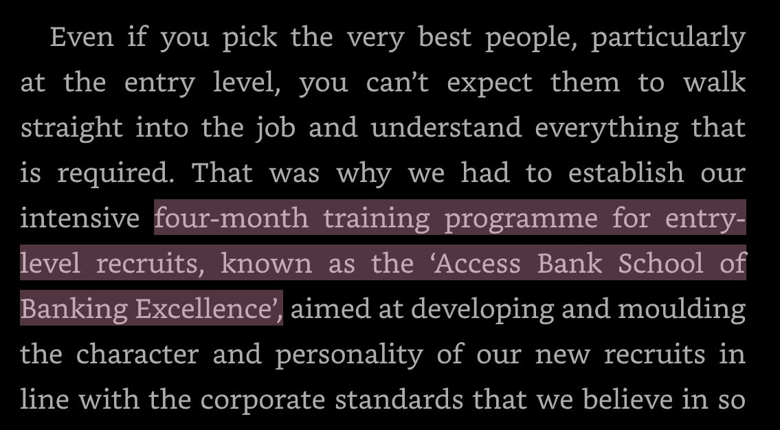 docneto's tweet photo. One of the things I took from "leaving the tarmac", the book by Aig of Access Bank fame, is the deliberate effort they put into training people. I also take inspiration from Zoho who train intensively and @markessien's HNG internship.

It's, however, an expensive and painstaking venture. $15k per person in Access Bank's case. We've learnt this ourselves via our Wella Schools programme that has given free training to over 1,000 people in software engineering, design and product management. 

<10% finish the programme, and they've created a great pipeline of junior talent for us. We now want more managerial and operational talent, so we are working on a proper graduate trainee programme for health tech to create talent for the whole industry. 

We can't complain about the talent problem forever. We must invest in a pipeline to solve the talent issues over the long term.