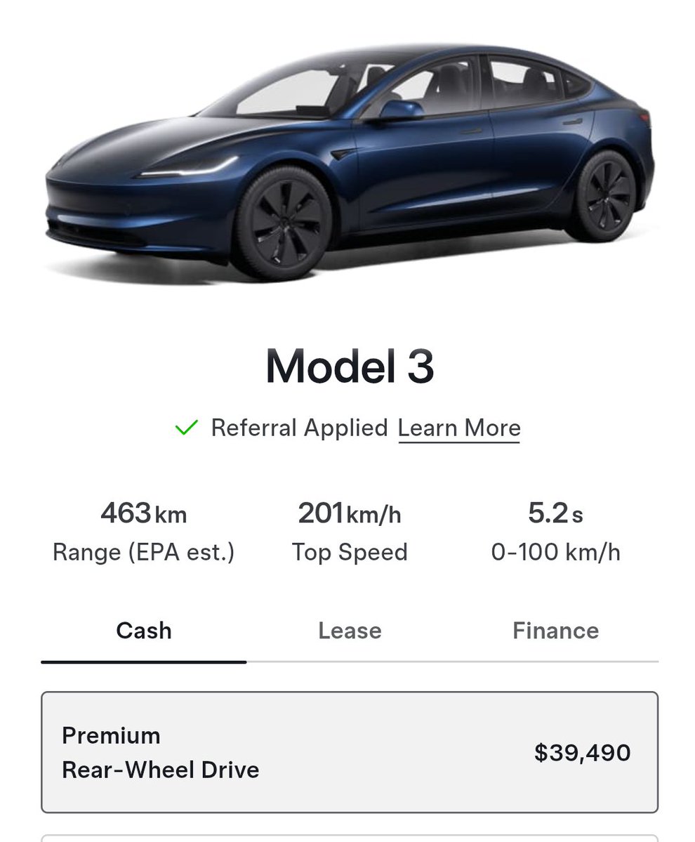 Just dropped: <a href="/Tesla/">Tesla</a> Model 3 RWD Premium now available to order in Canada for $39,490!

Insane value.

Order here:
 tesla.com/en_ca/model3/d…