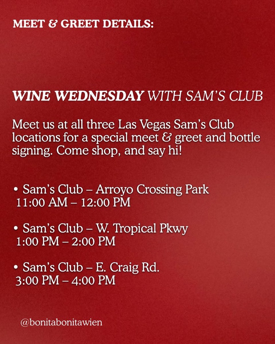 Bonita Bonita x Sam’s Club

Nikki and Brie will also be hosting a meet and greet at Sam’s Club in 3 different stores across Las Vegas on May 20th to kick off the beginning of Memorial Day long weekend.

<a href="/NikkiAndBrie/">Nikki & Brie</a> #BonitaBonitaWine