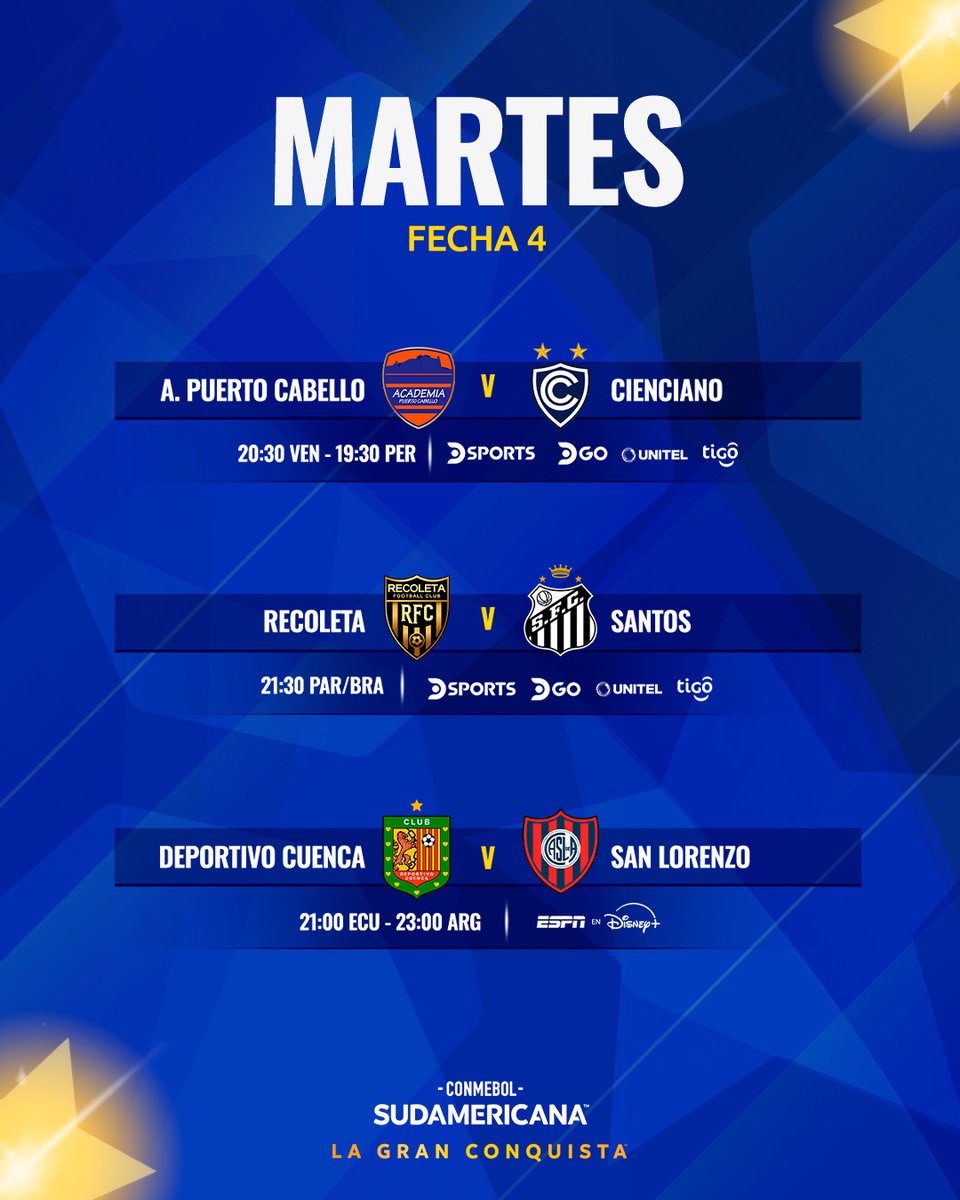 📅🏆 ¡Comienza la Fecha 4 de la CONMEBOL #Sudamericana! Los partidos para este martes

#LaGranConquista