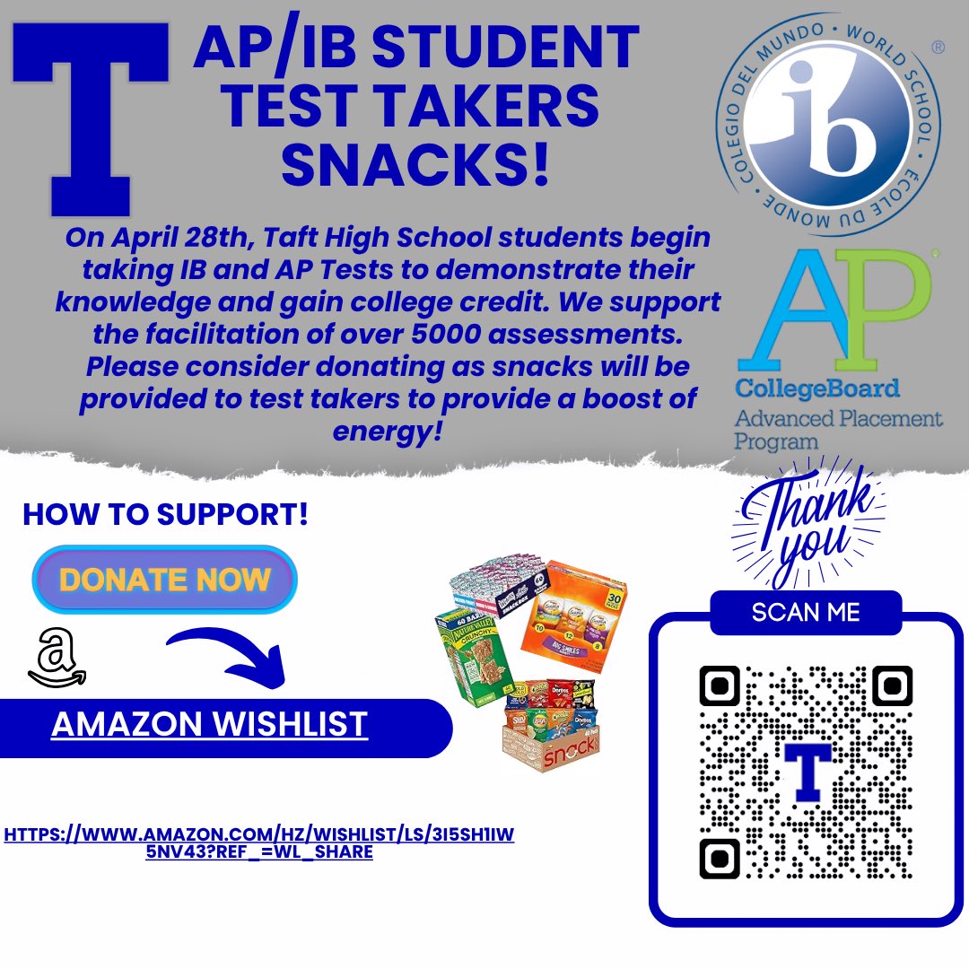 Taft_HS's tweet photo. 💙🩶🤍🙌 We are incredibly grateful for the amazing support from our parents, caregivers, and community members who have donated snacks for our AP &amp; IB test takers! 

✨ We’re still collecting and would love your continued support!
Donate here: 

https://t.co/xehT852hFJ https://t.co/aUDnqpVtUL