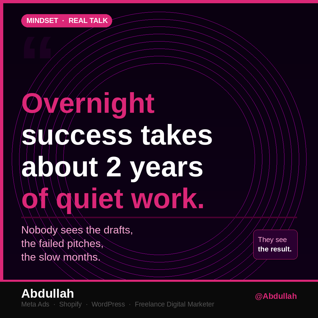 Abdulla85706082's tweet image. Overnight success takes about 2 years of quiet work nobody sees. The drafts. The failed pitches. The slow months. People only see the result.
🧵 Thread
#FreelanceMindset #Freelancing #DigitalMarketing #GrowthMindset #BuildInPublic #PersonalBranding