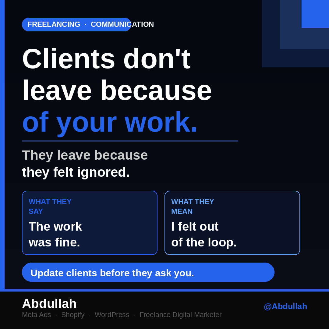 Abdulla85706082's tweet image. Clients do not leave because your work is bad. They leave because they felt ignored during the process. Silence from a freelancer feels like nothing is happening.
🧵 Thread
#Freelancing #ClientWork #FreelanceLife #ClientManagement #DigitalMarketing #SoloPreneur