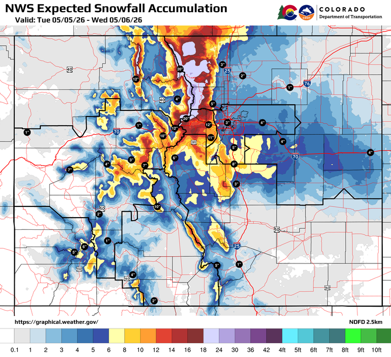 ColoradoDOT's tweet image. #CDOT #News: Motorists: prepare for a spring storm this week (5/5/26 to 5/6/26). Several inches of heavy, wet snow expected statewide, including the Denver metro area.
📰codot.gov/news/2026/may2…
#KnowBeforeYouGo #cowx