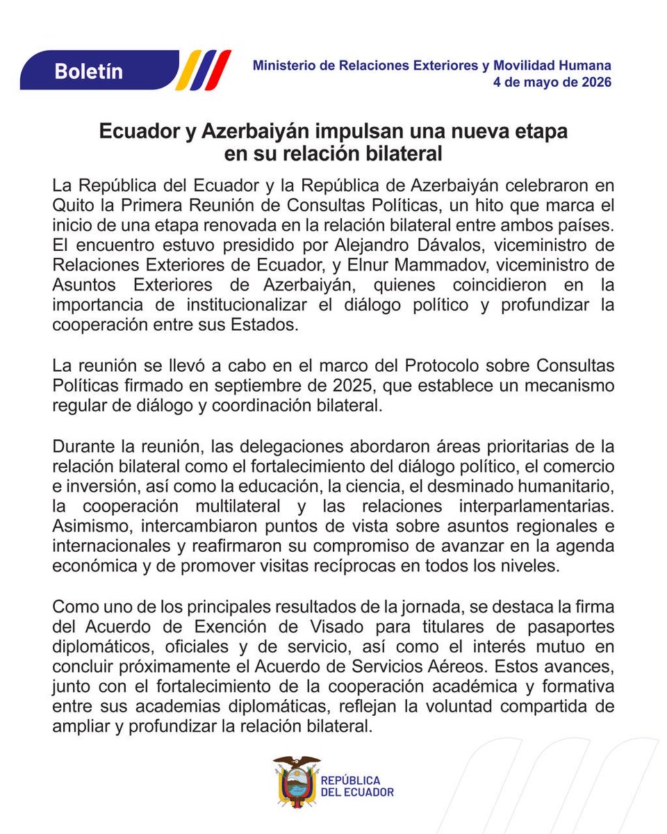 Boletín |

Ecuador y Azerbaiyán impulsan una nueva etapa en su relación bilateral.