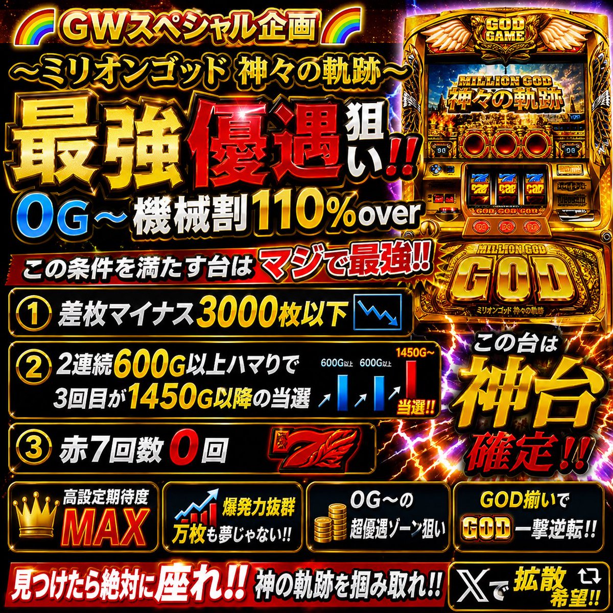 🌈GWスペシャル企画‼️第4段🌈 〜ミリオンゴッド神々の軌跡〜 最強優遇
