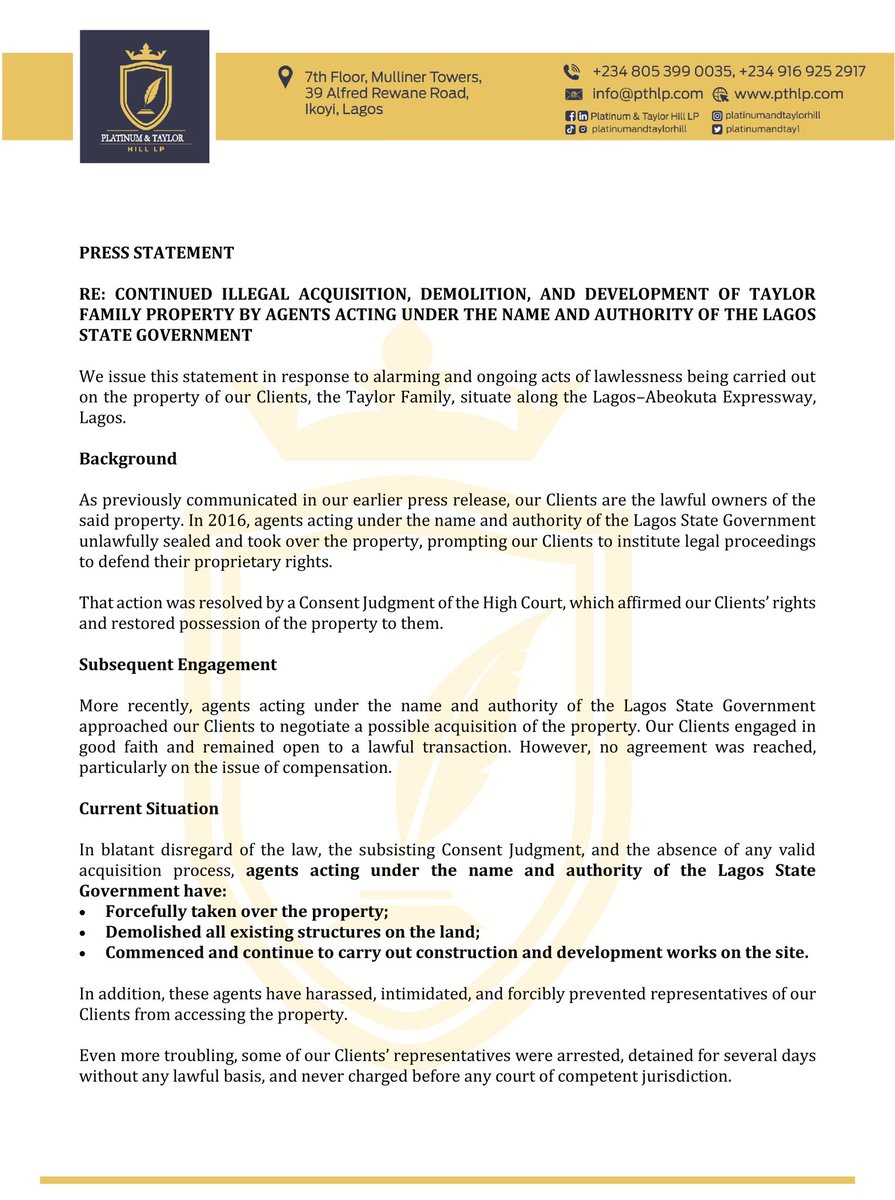 Platinumandtay1's tweet photo. RE: PRESS STATEMENT ON ONGOING INTERFERENCE WITH THE TAYLOR FAMILY PROPERTY

Protecting the sanctity of land ownership is fundamental to a just society, as such, we are formally addressing the illegal interference and unauthorized developments currently threatening the Taylor https://t.co/gDWvAoVqrw