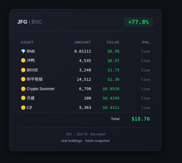 CryptoJFG's tweet image. 持仓小结 📈

BNB: $6.98
冲鸭: $6.97
$RISE: $1.75
和平熊猫: $1.30
Crypto Summer: $0.8938
共建: $0.4349
CƵ: $0.4311

Total: $18.76 (+77.8%)

实时余额截图，数据来自钱包。

#BSC #crypto