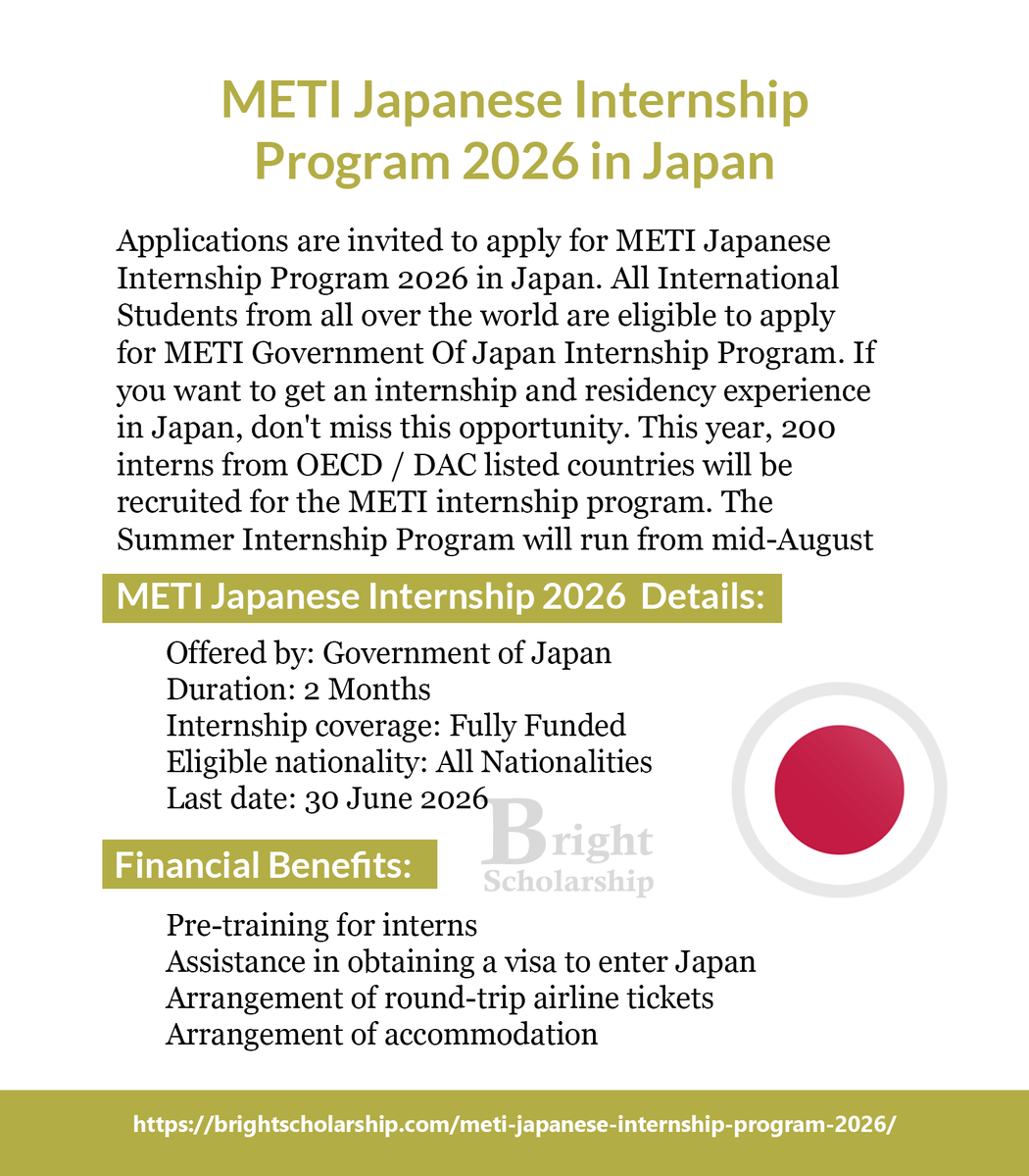 BrightSship's tweet image. METI Japanese Internship Program 2026 in Japan (Fully Funded)

Duration: 2 Months
Eligible nationality: All Nationalities
Award country: Japan
Last date: 30 June 2026

Apply Link: brightscholarship.com/meti-japanese-…

#BrightScholarship #FullyFunded #Internship #Japan