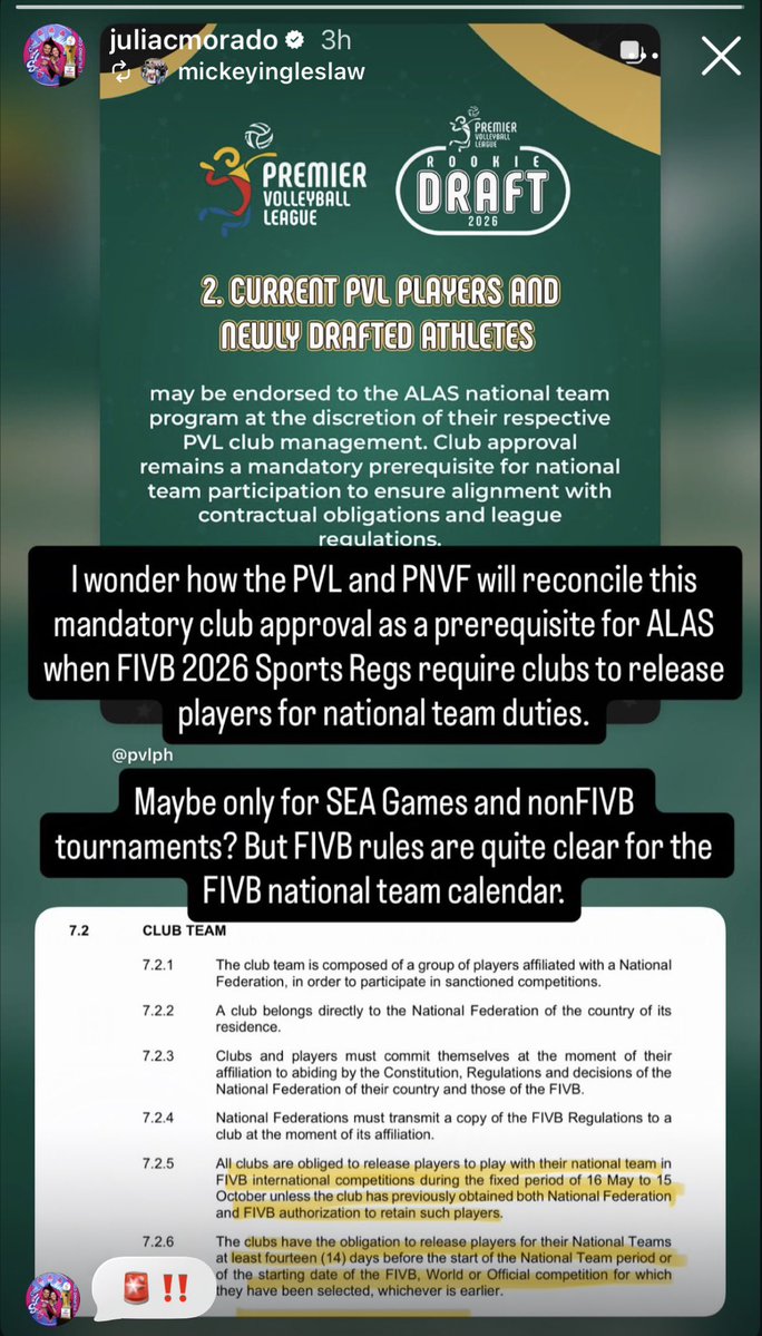 🎙️ALAS CAPTAIN 🇵🇭JIA DE GUZMAN VIA IG REPOST:

“I wonder how the PVL and PNVF will reconcile this mandatory club approval as a prerequisite for Alas when FIVB 2026 sports registration require clubs to release players for national team duties. 

Maybe only for SEA games and