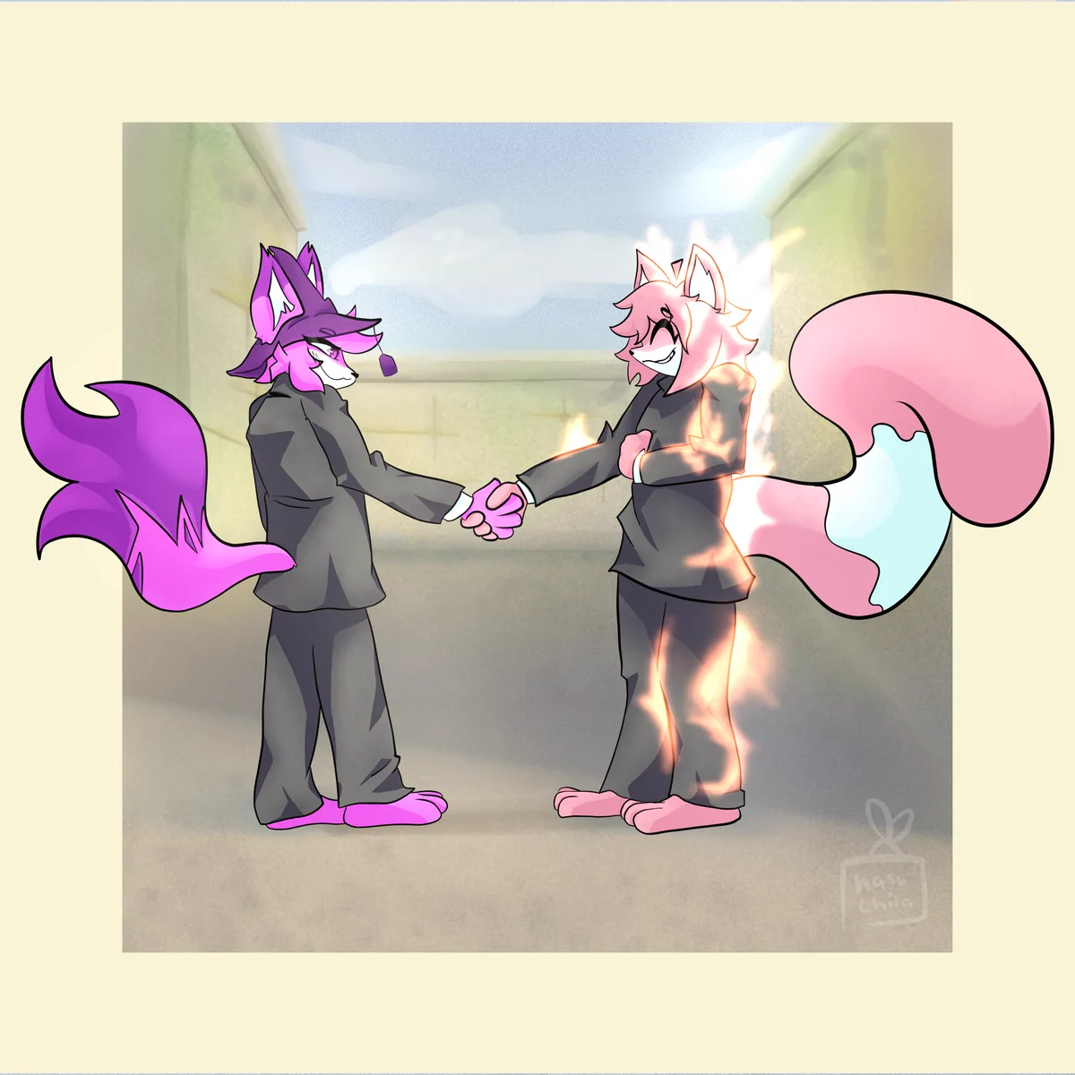 Un dibujo hecho para una comisión de dos amigos con sus ocs dándose la mano inspirado en el cover de "Wish You Were Here".