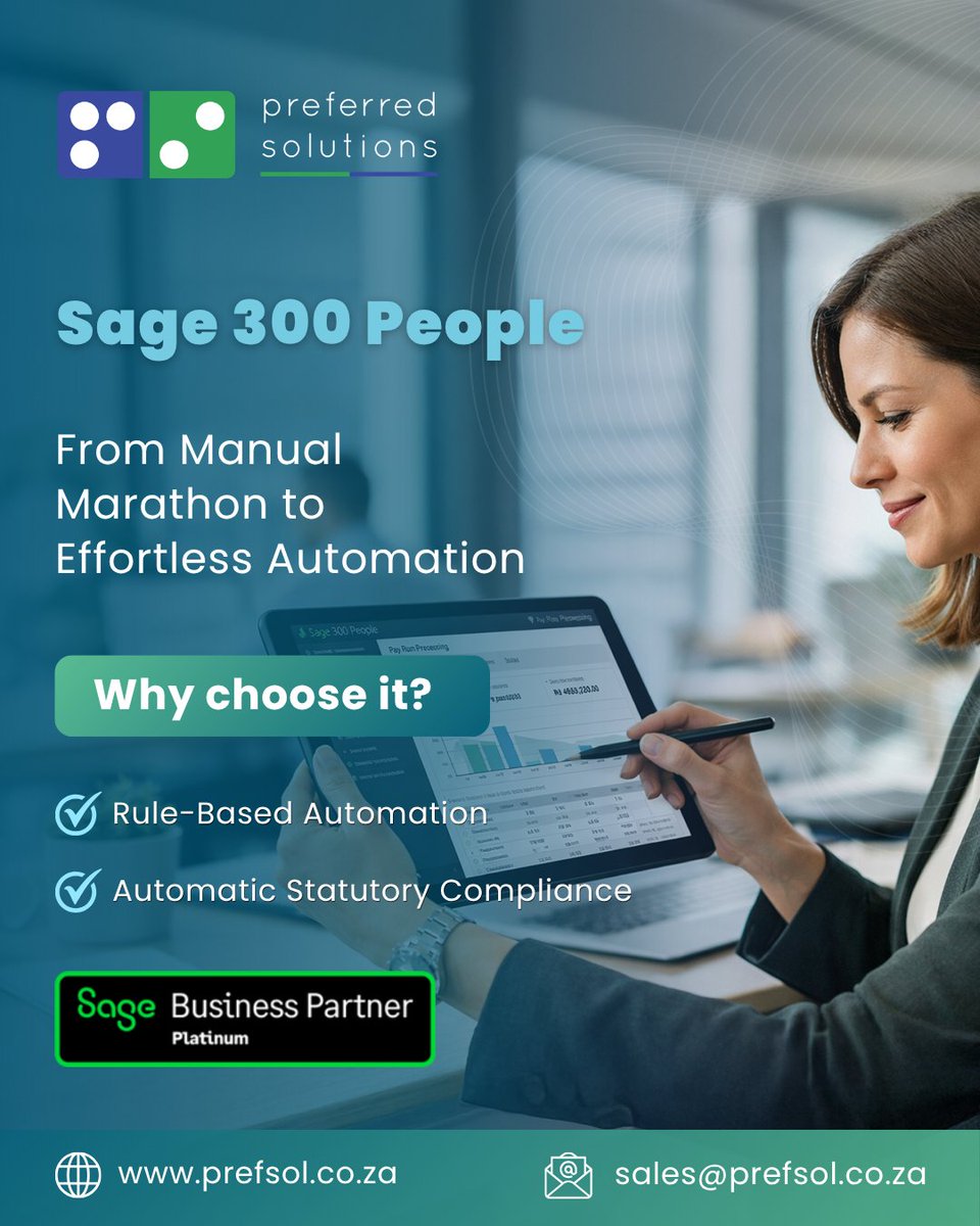 prefsolutions's tweet photo. Stop the manual payroll marathon! 🚀 With Sage 300 People, you can automate calculations and ensure 100% accuracy and compliance in every pay run.  Streamline your payroll here: 🔗 https://t.co/XCikPTRvtl #Sage300People #PayrollAutomation #HRTech https://t.co/Rq2LbY8nWz