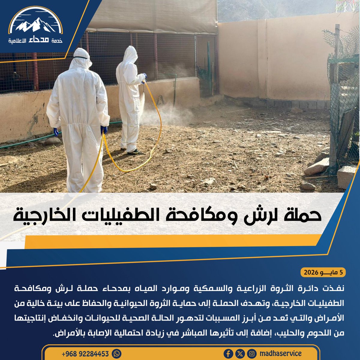 madhaservice's tweet photo. دائرة الثروة الزراعية والسمكية وموارد المياه بولاية #مدحاء تنفذ حملة لرش ومكافحة الطفيليات الخارجية 
.
.
#مسندم https://t.co/3T1Aqnj5ls