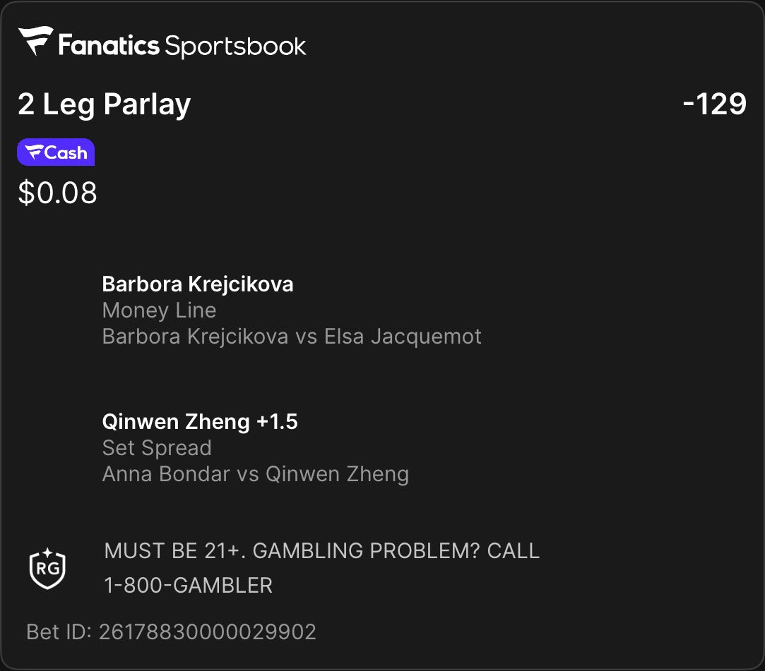💎 **DIAMOND MASTER CARD** 💎
-129 Parlay
🎾 **Krejcikova ML**: Elite clay specialist vs. a 2-12 slumping opponent.
🎾 **Zheng +1.5 Sets**: Gold medalist 2-0 vs. Bondar. Only need 1 set for safety.
High floor. Bankroll builder. Lock it in.