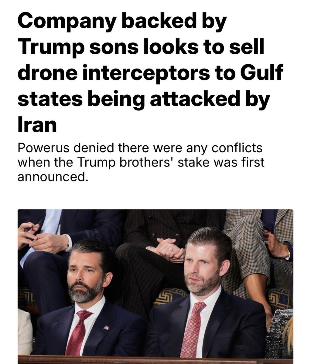 wtpBLUE's tweet image. #TrumpIsUnfitForOffice    #wtpBLUE    WE THE PEOPLE 
 
The Trump grift continues.
 
Trump’s sons have signed a deal with Powerus, a drone company actively trying to sell weapons to Gulf countries under attack due to Trump’s war against Iran.  They are also now part of a company