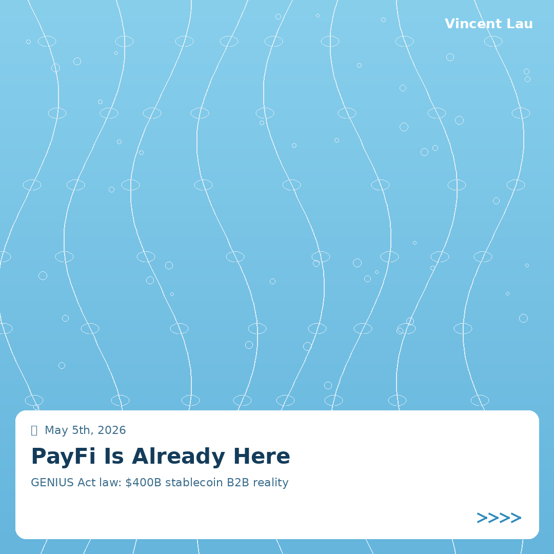 Vincentlauth's tweet photo. The GENIUS Act is now law. $400 billion in stablecoin payments happened last year. PayFi isn't a white paper. It's already moving money.

Here's the data most people are sleeping on:

Real-world stablecoin payment volume doubled in 2025 to $400B. 60% of that is B2B — payroll, treasury ops, cross-border trade settlements.

Huma Finance alone: $8.8B in total transaction volume processed. 93,000+ active depositors. $130M active liquidity. That's a live PayFi proof point, not a pilot.

The GENIUS Act (signed July 2025) requires 1:1 backing for payment stablecoins. On April 8, 2026, Treasury proposed AML/sanctions compliance rules. The institutional gateway is officially open.

What this means:

Traditional bank wire: 3-5 days settlement, high FX fees, counterparty risk.

PayFi rail: minutes, near-zero fees, programmable, globally settled — with yield on the float while money moves.

The gap between those two descriptions is where the next decade of B2B payment infrastructure gets built.

I think the next major domino is corporate treasury adoption — the same CFOs who moved from checks to ACH are about to move from SWIFT to stablecoin rails. The data is too compelling to ignore.

Agree or disagree?

#PayFi #Stablecoins #DeFi