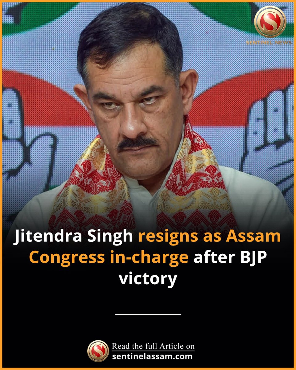 Sentinel_Assam's tweet image. Jitendra Singh resigned as All India Congress Committee general secretary in charge of Assam on May 4, hours after the BJP secured a third consecutive term in the state Assembly elections. 

#TheSentinel #JitendraSingh #Congress