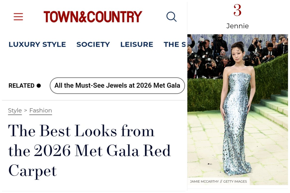 TOWN&amp;COUNTRY Magazine 🇺🇸| The Best Looks From The 2026 Met Gala Red Carpet. #JENNIE is the ONLY K-pop Act in the Top 15, sitting at #3 overall

1. Zoe Kravitz
2. Beyoncé
3. #JENNIE
4. Alexa Chung
5. Anne Hathaway

townandcountrymag.com/style/fashion-…