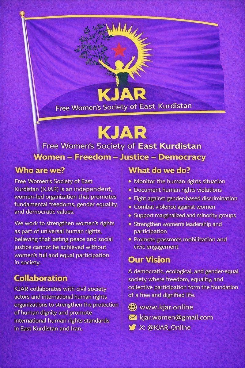 KjarOnline's tweet image. KJAR –Free Women’s Society of East Kurdistan
We fight for women’s rights, freedom, and justice.
We document human rights violations, support marginalized communities, and work for equality and democracy.
Women – Freedom – Justice  Democracy
#JinJiyanAzadi #HumanRights #Kurdistan