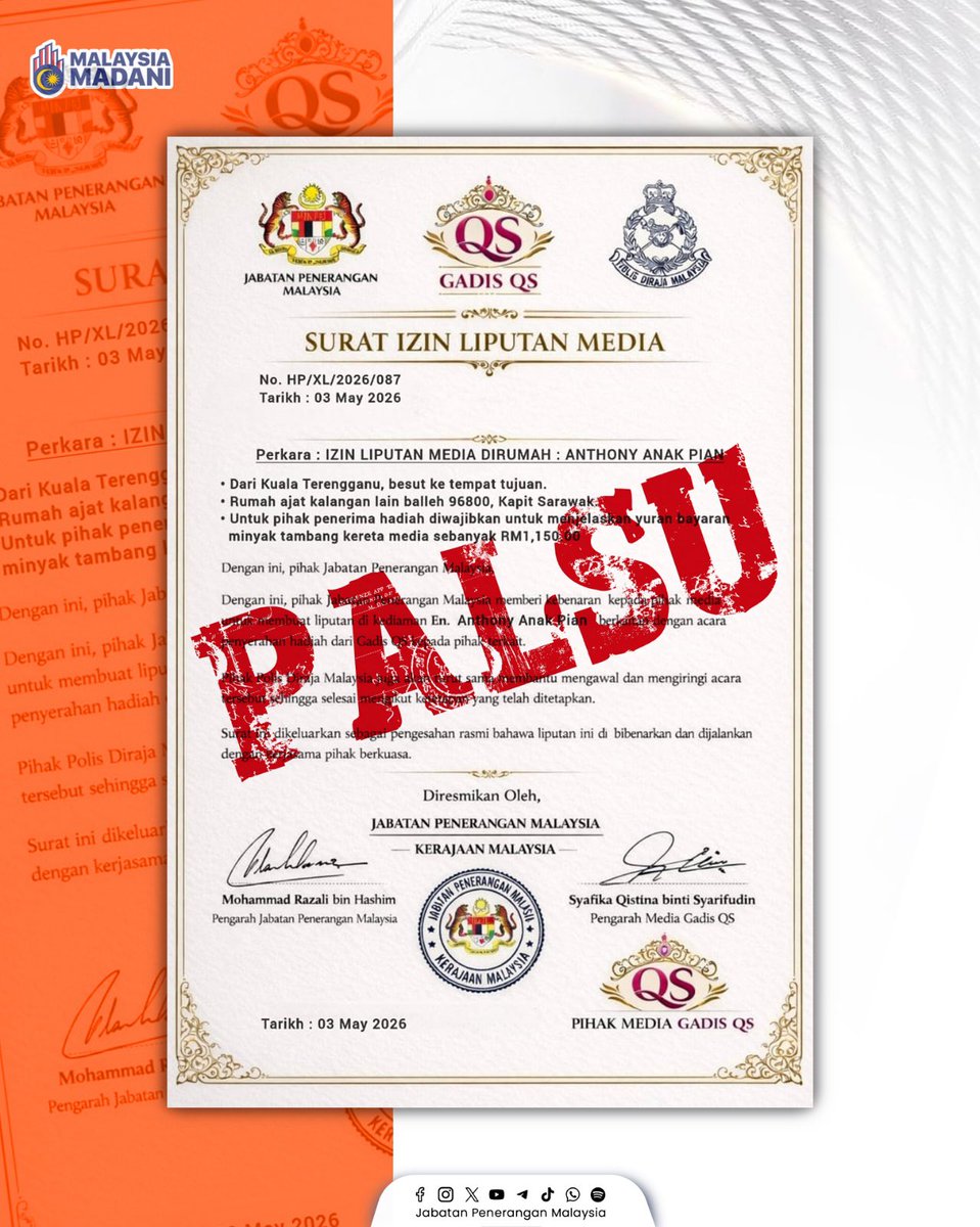 JPenerangan's tweet photo. Jabatan Penerangan Malaysia menafikan sebarang penglibatan dengan dokumen berkenaan.

Tiada pegawai atau anggota dengan nama seperti dinyatakan sedang berkhidmat di Jabatan ini. 📄

#JabatanPenerangan https://t.co/oC23r3yt5O