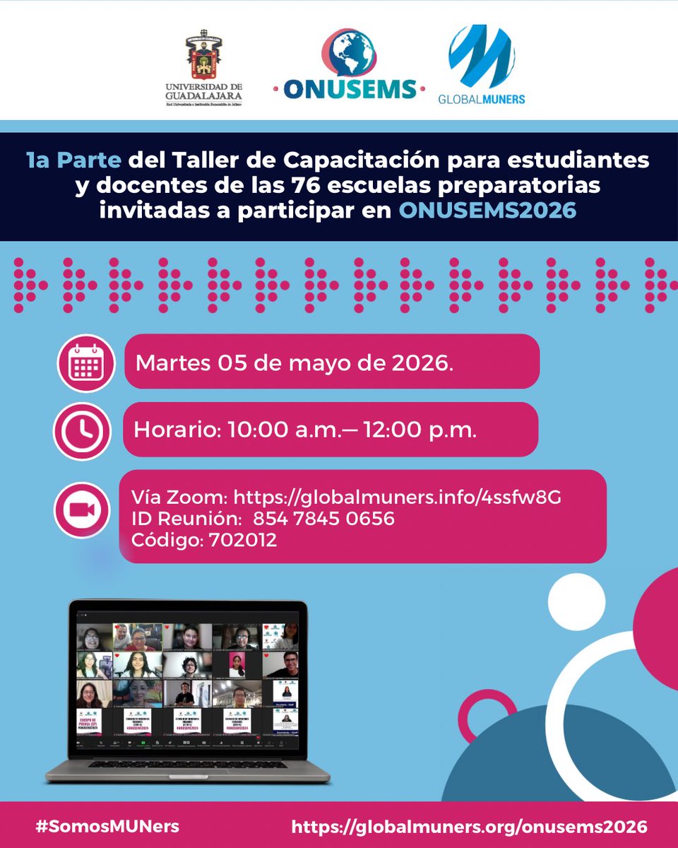 globalmuners's tweet photo. ✨ ¡Todo listo para #ONUSEMS2026!

👩‍💻🧑‍💻 Damos inicio a la primera parte del Taller de Capacitación dirigido a estudiantes y docentes de las 76 preparatorias invitadas a participar en esta gran experiencia de internacionalización en casa. 🌍

@udg_oficial 
@udg_global 
@sems_udg https://t.co/Ox3IcLOMxq