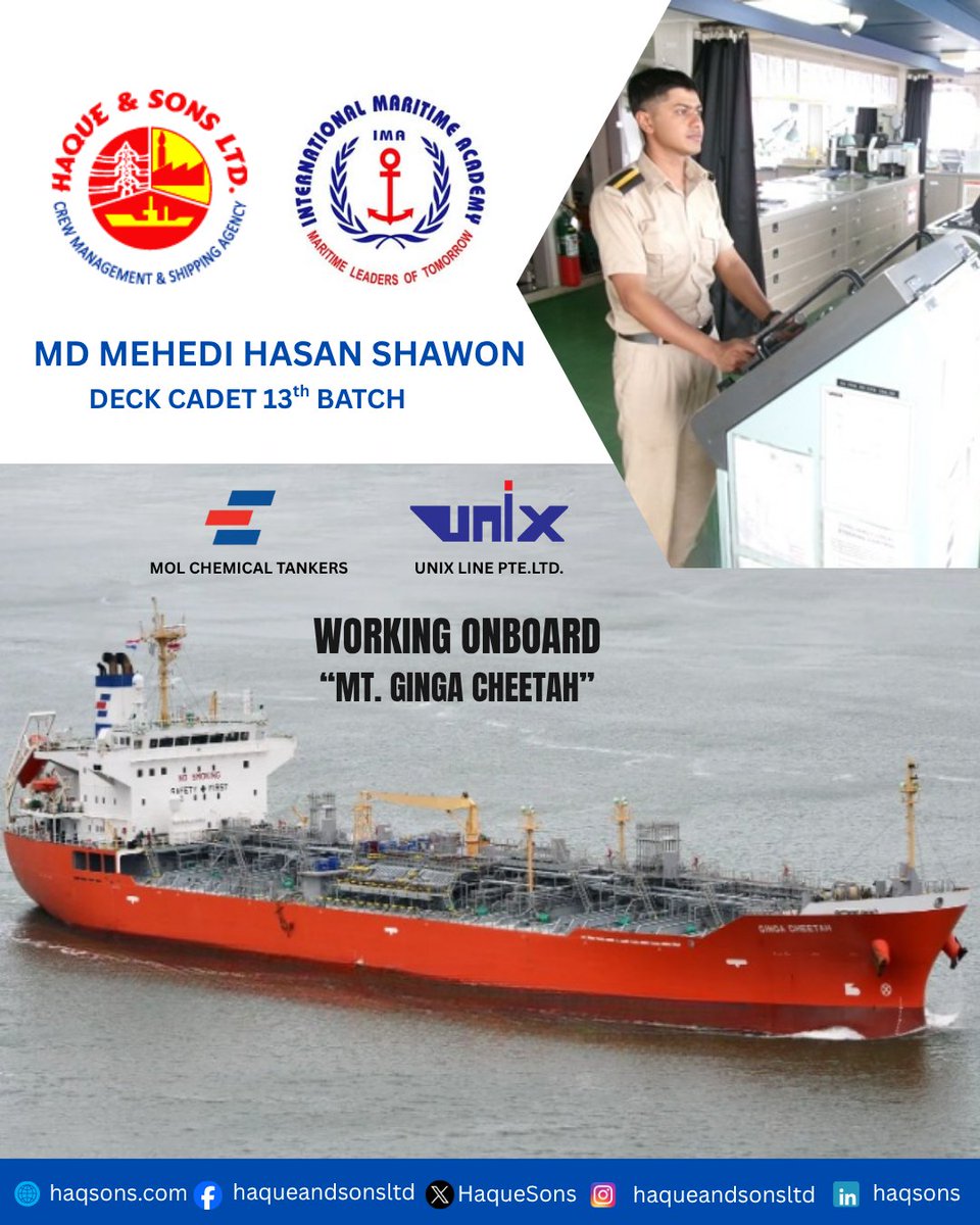 HaqueSons's tweet photo. The cadets employed by HSL actively contribute to the operations of Haque &amp; Sons Ltd-managed vessels. We are proud of their progress &amp; wish them continued success &amp; safe voyages. #HSL #Haqsons #MaritimeTraining #Maritime #Maritime #MarineCadet #BMTI #IMA #mariners #marineengineer https://t.co/9pTNyyfAPP