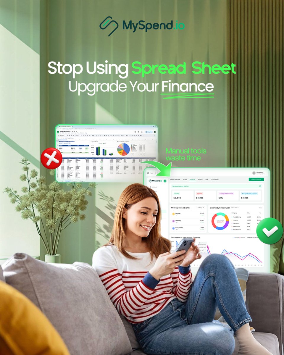 myspendio's tweet photo. Stop wasting time on spreadsheets 📊❌
Your money deserves smarter tracking.

With https://t.co/cZmxYXCMiB, track expenses automatically &amp; get real insights.

Upgrade your finance today 🚀
#MoneyManagement #PersonalFinance #Budgeting https://t.co/MhurP2hURb