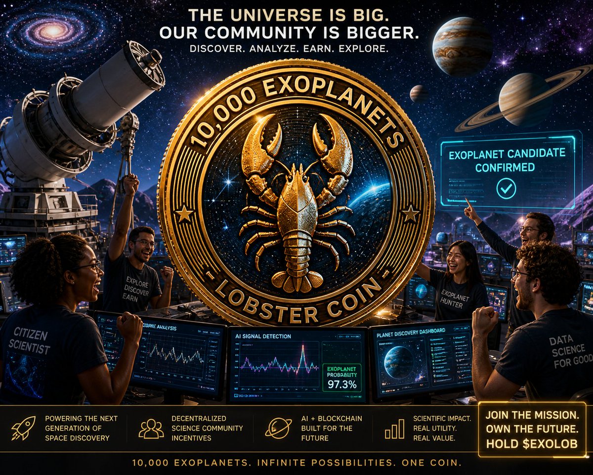10,000 Exoplanets -Lobster Coin: AI space data network. Autonomous “Lobster” agents analyze telescope signals, detect exoplanets, rewarding verified discoveries with tokens while turning raw NASA-style data into a decentralized scientific discovery engine. docs.google.com/document/d/1M-…