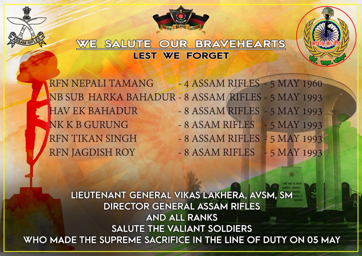 official_dgar's tweet image. Lt Gen Vikas Lakhera, AVSM, SM, Director General of #AssamRifles &amp;amp; all ranks, salute the valiant soldiers who made their supreme sacrifice in the line of duty on 05 May.

#SaluteToMartyrs #HonourTheFallen #RememberingOurHeroes #MartyrsOfIndia #ForeverInOurHearts