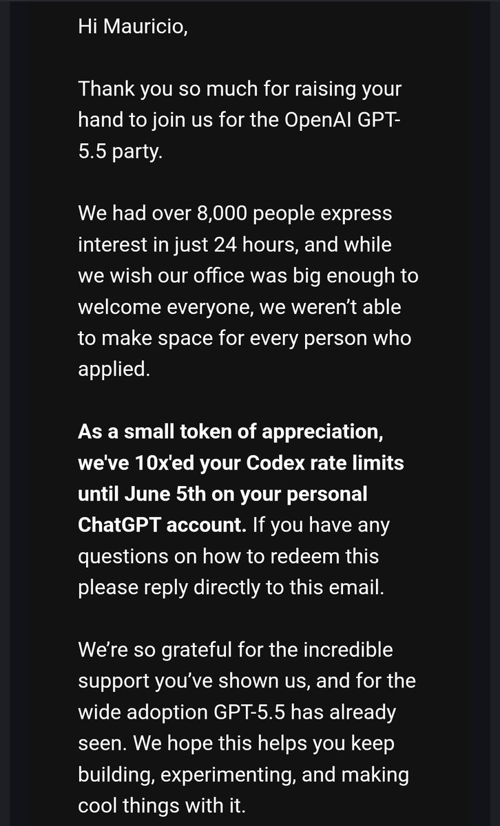MauOM's tweet photo. I am really grateful!!  @OpenAIDevs 
10X rate limits, let's build!! https://t.co/6Ah87vpeI0